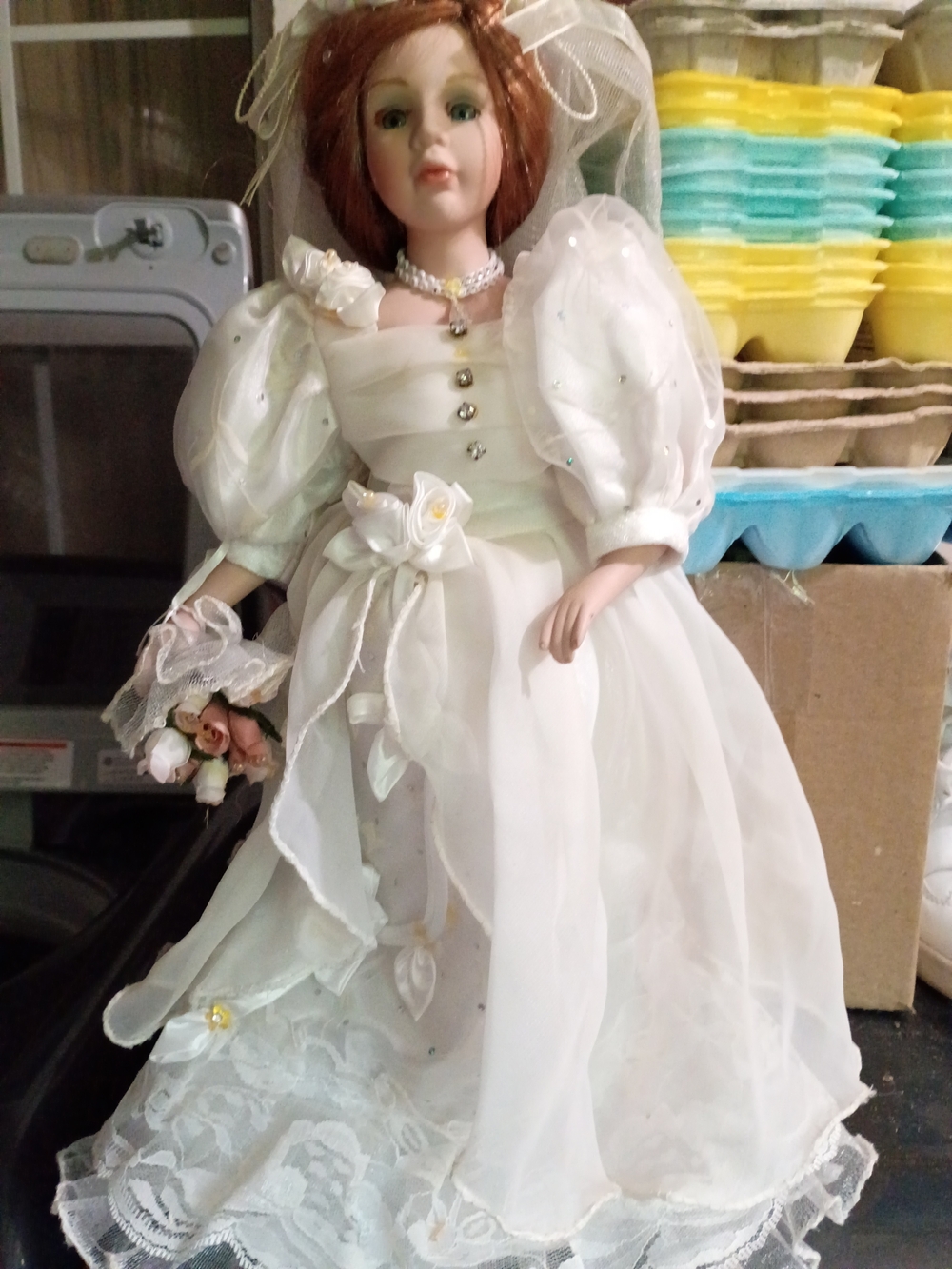 Vintage Porcelain Bride Doll in White Wedding Gown